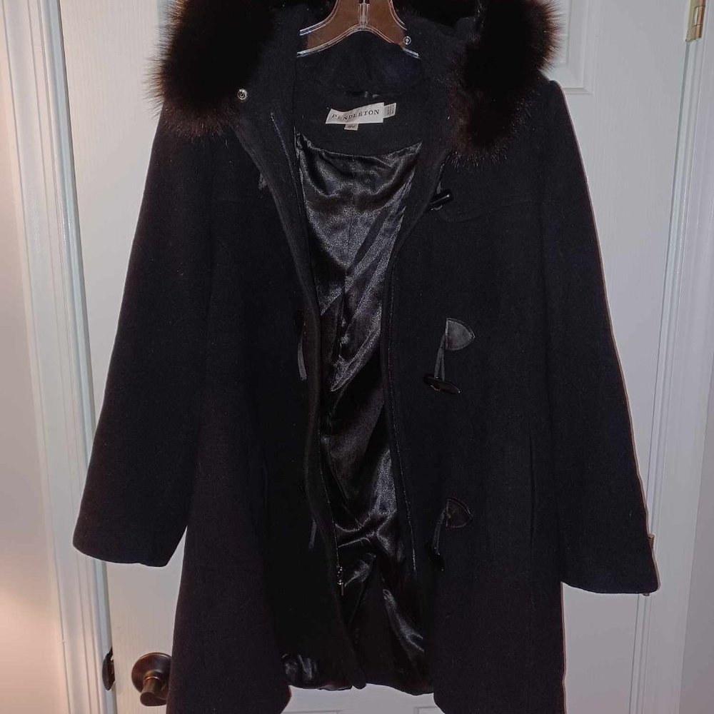 SIZE 18W Pendleton Finland Fox Fur Trim Mid-Length Black Coat (Vintage?)